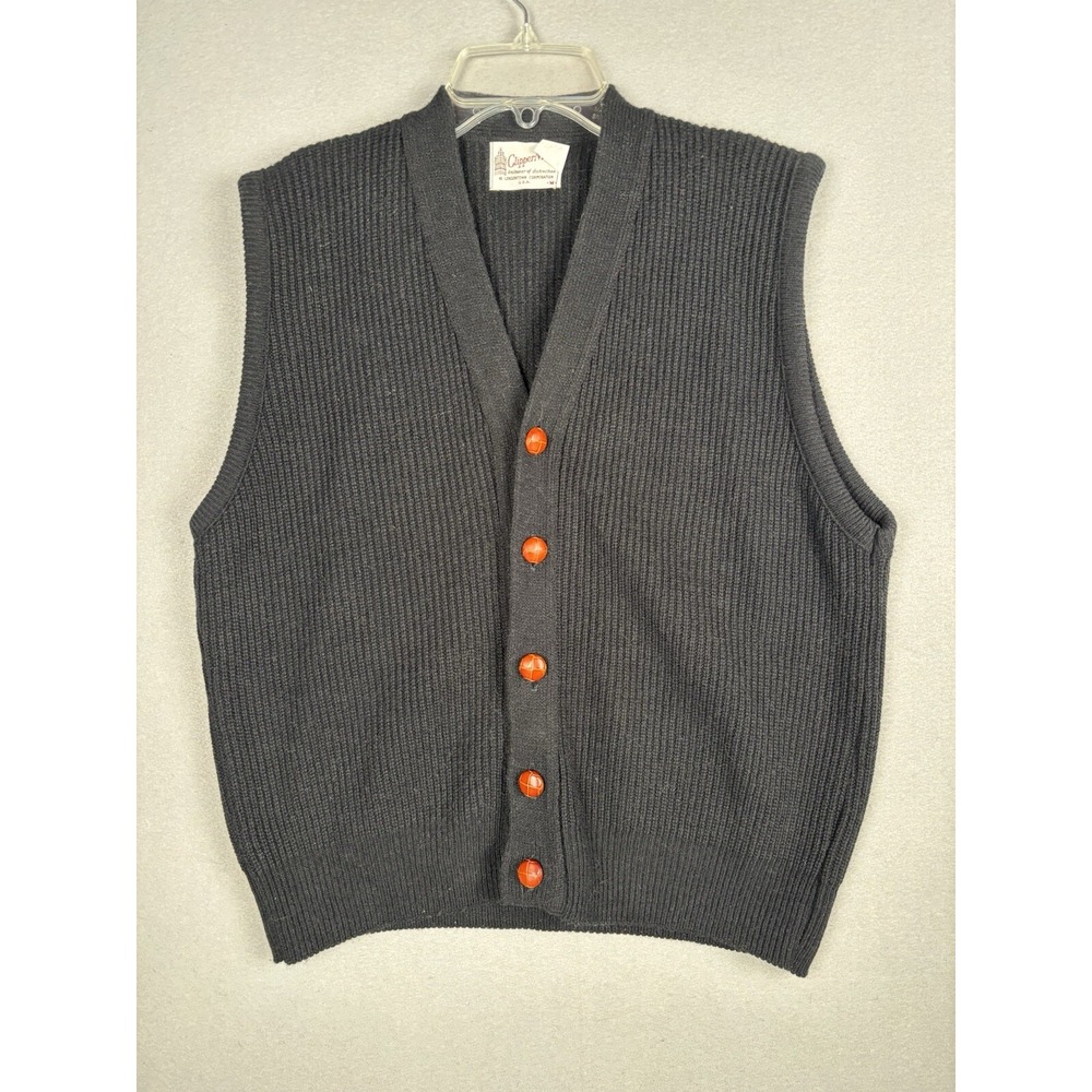 Vintage Clipper Mist Sweater Vest Men's M Medium Black Brown Wooden Buttons 3702